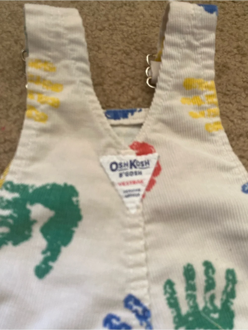 VTG 90s Oshkosh Handprint Corduroy Overalls 12 M White Vestback Made in USA